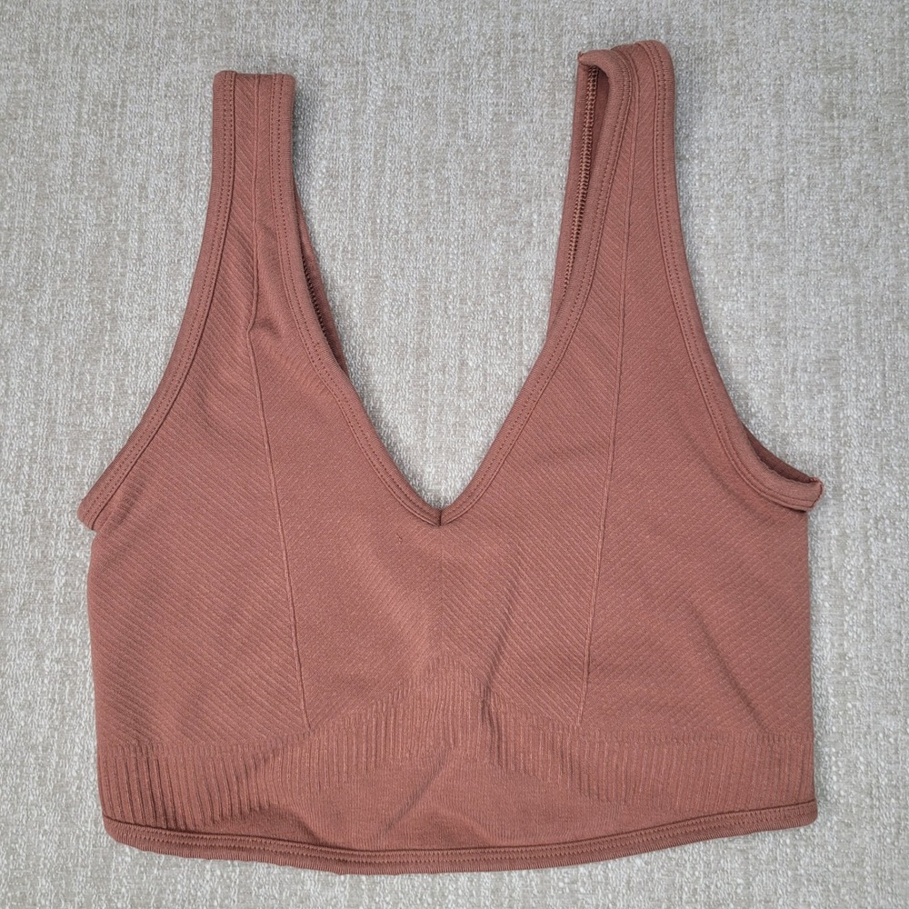 Gymshark Rest‎ Day Bralette Women Ribbed Seamless V-Neck Crop Top Brown Small